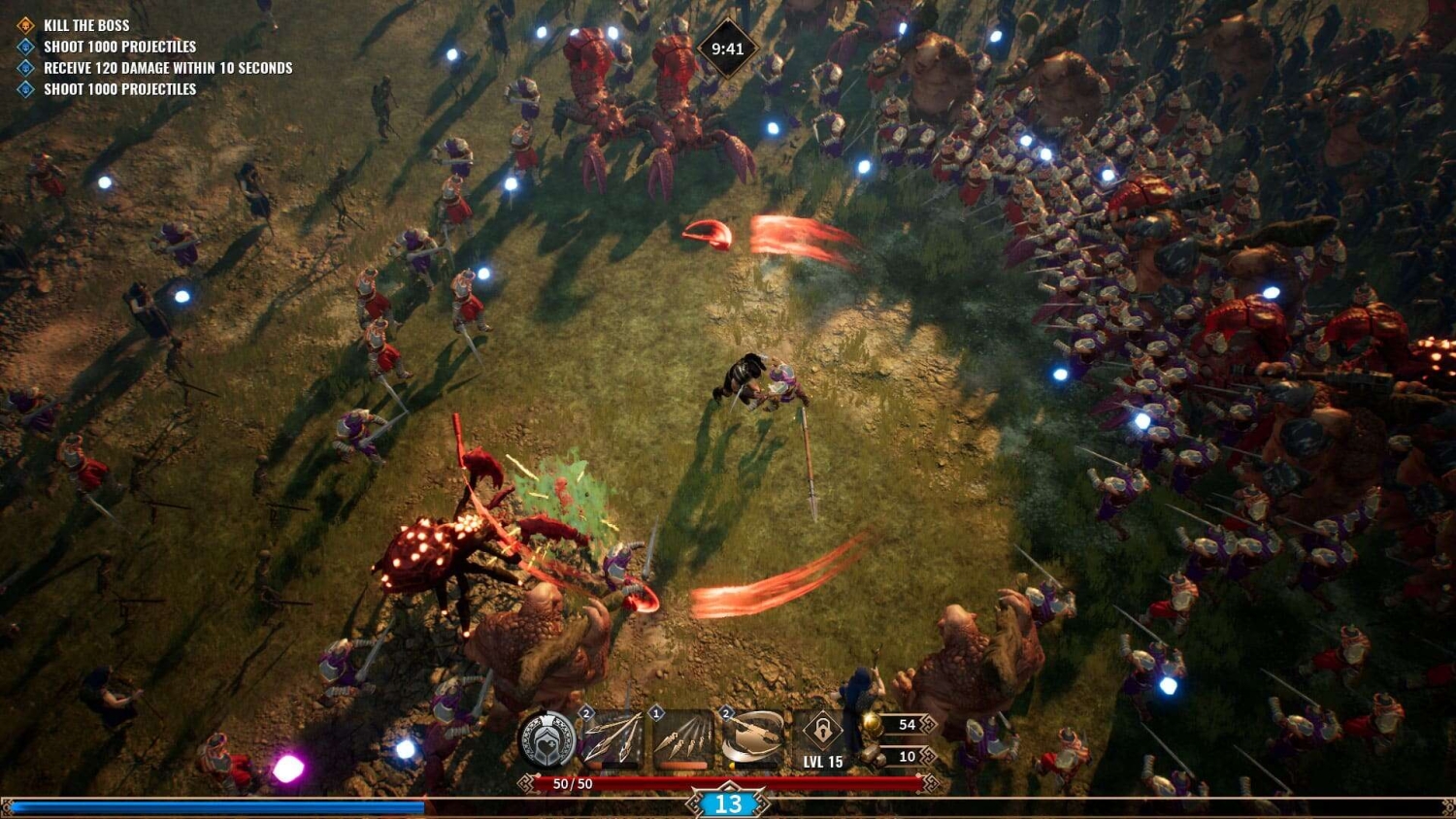 Top-down view of a character fighting surrounded by multiple enemies in a fantasy game battlefield