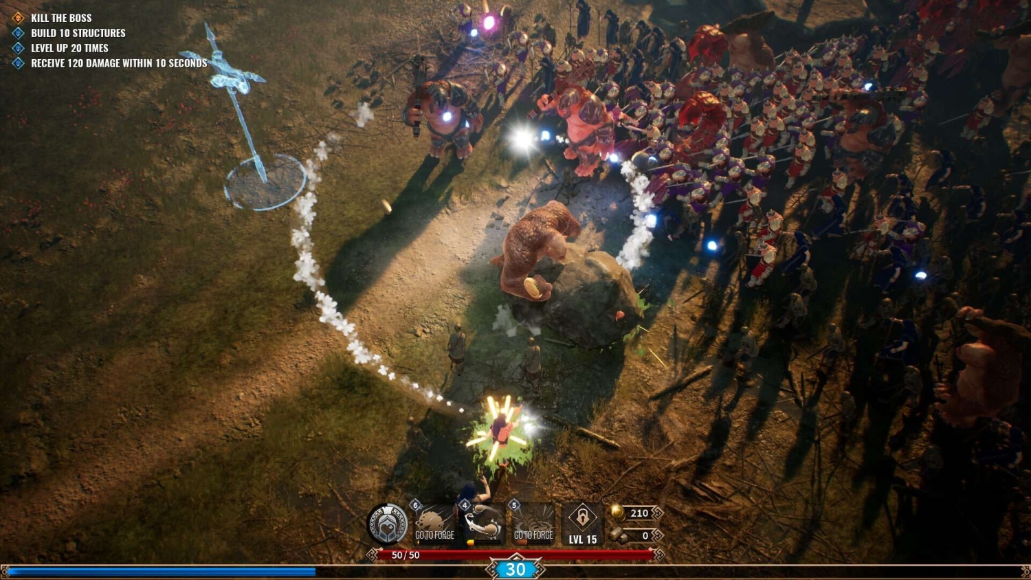 Top-down view of a chaotic battle with large orange creatures surrounded by many smaller armed characters