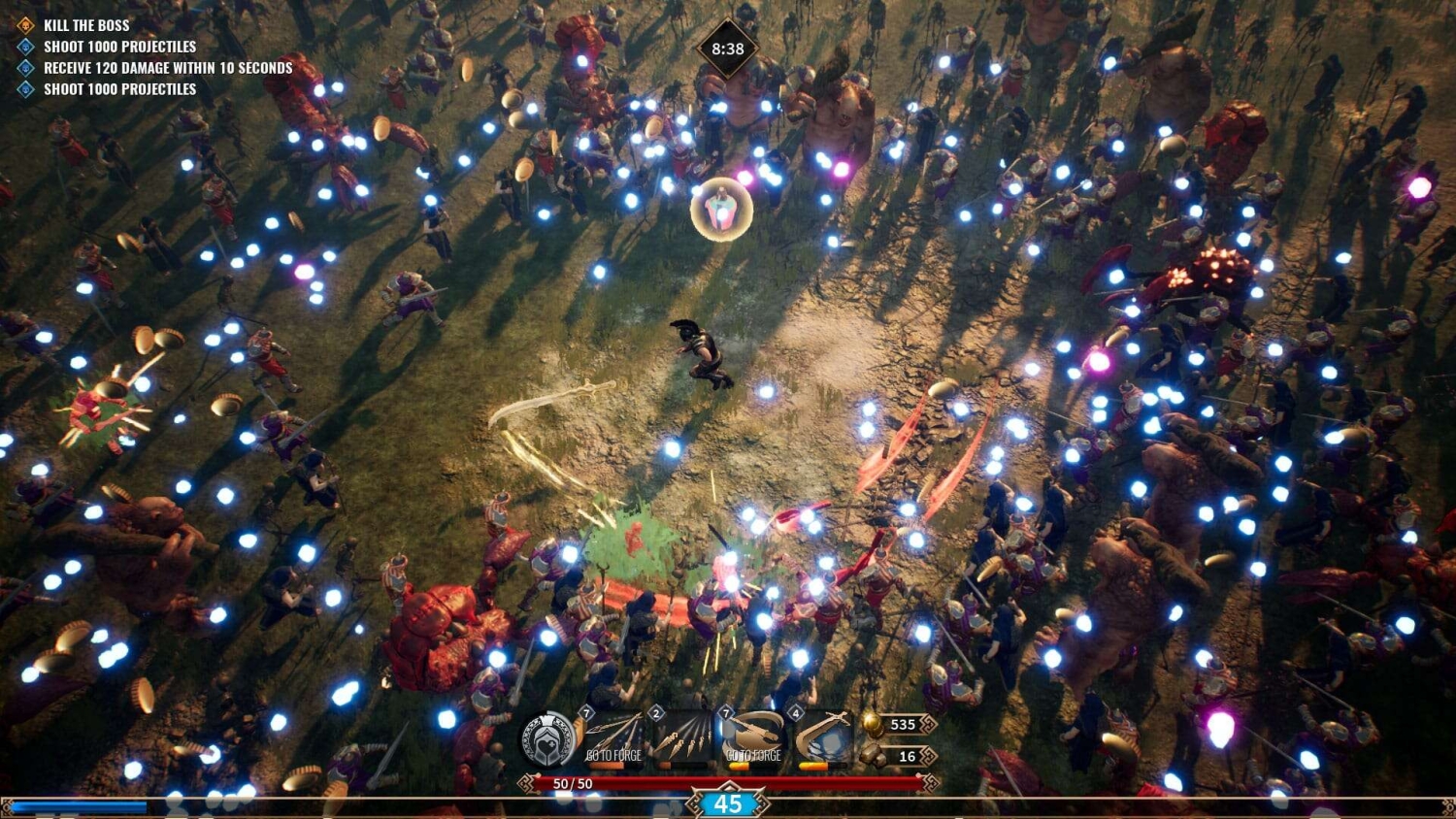 Top-down view showing a character in combat surrounded by many enemies and glowing projectiles