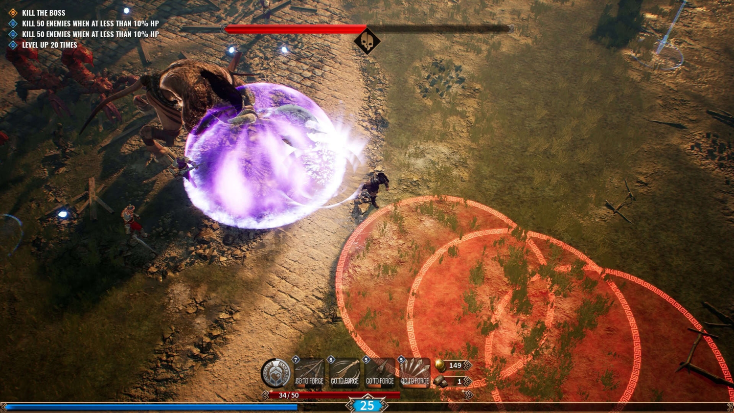 Characters battle a large horned monster with glowing purple magical effects in a top-down view