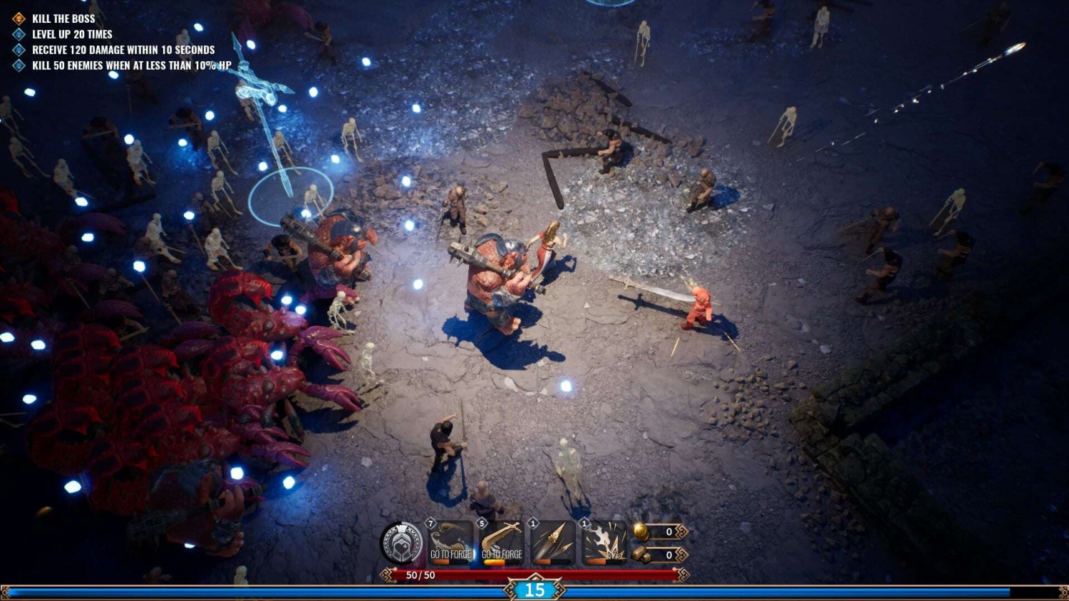 Top-down view of a character fighting large beasts and skeletons in a rocky arena