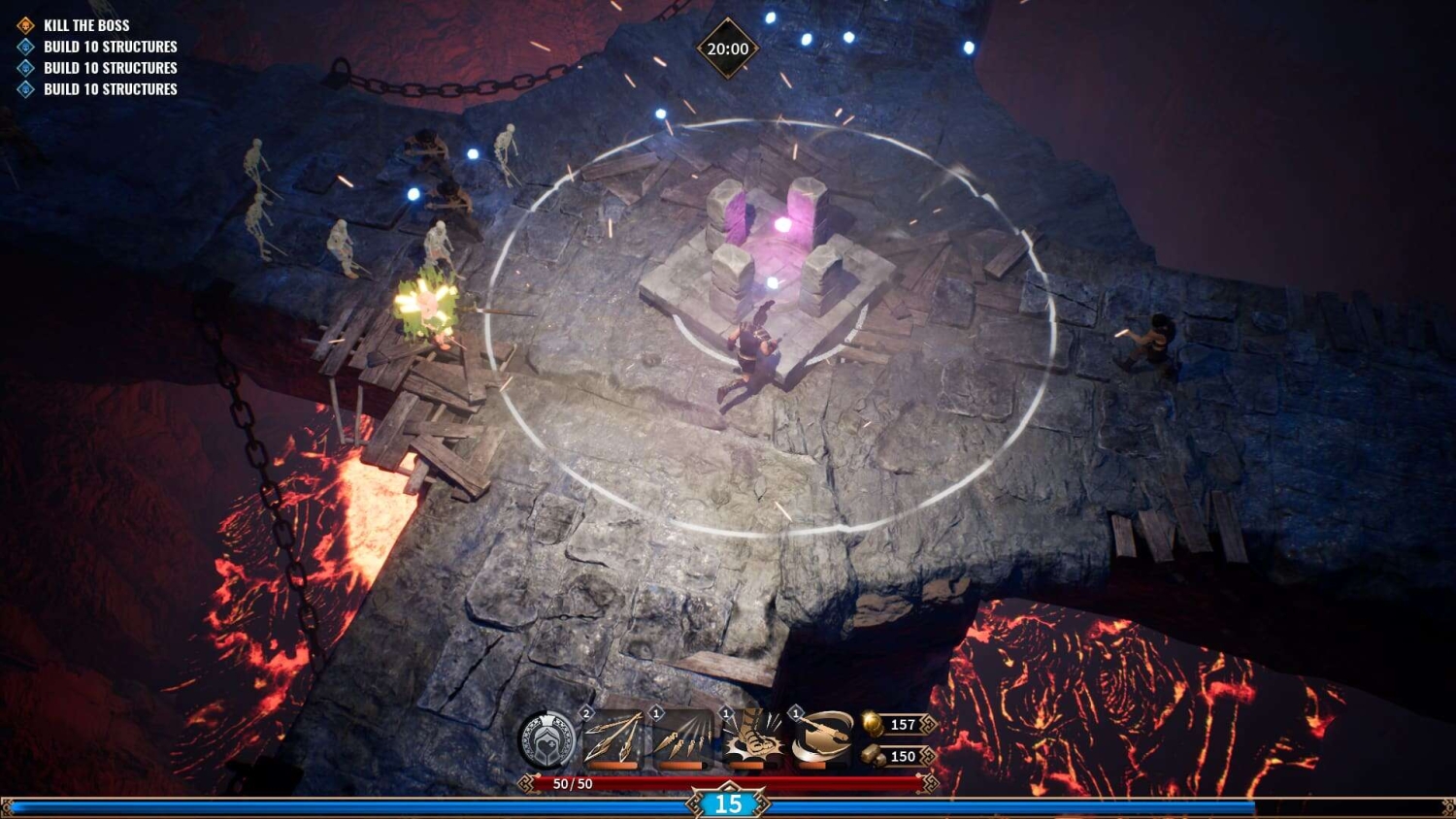 Top-down view of a game character on a stone bridge surrounded by lava with skeleton enemies and a glowing circular zone