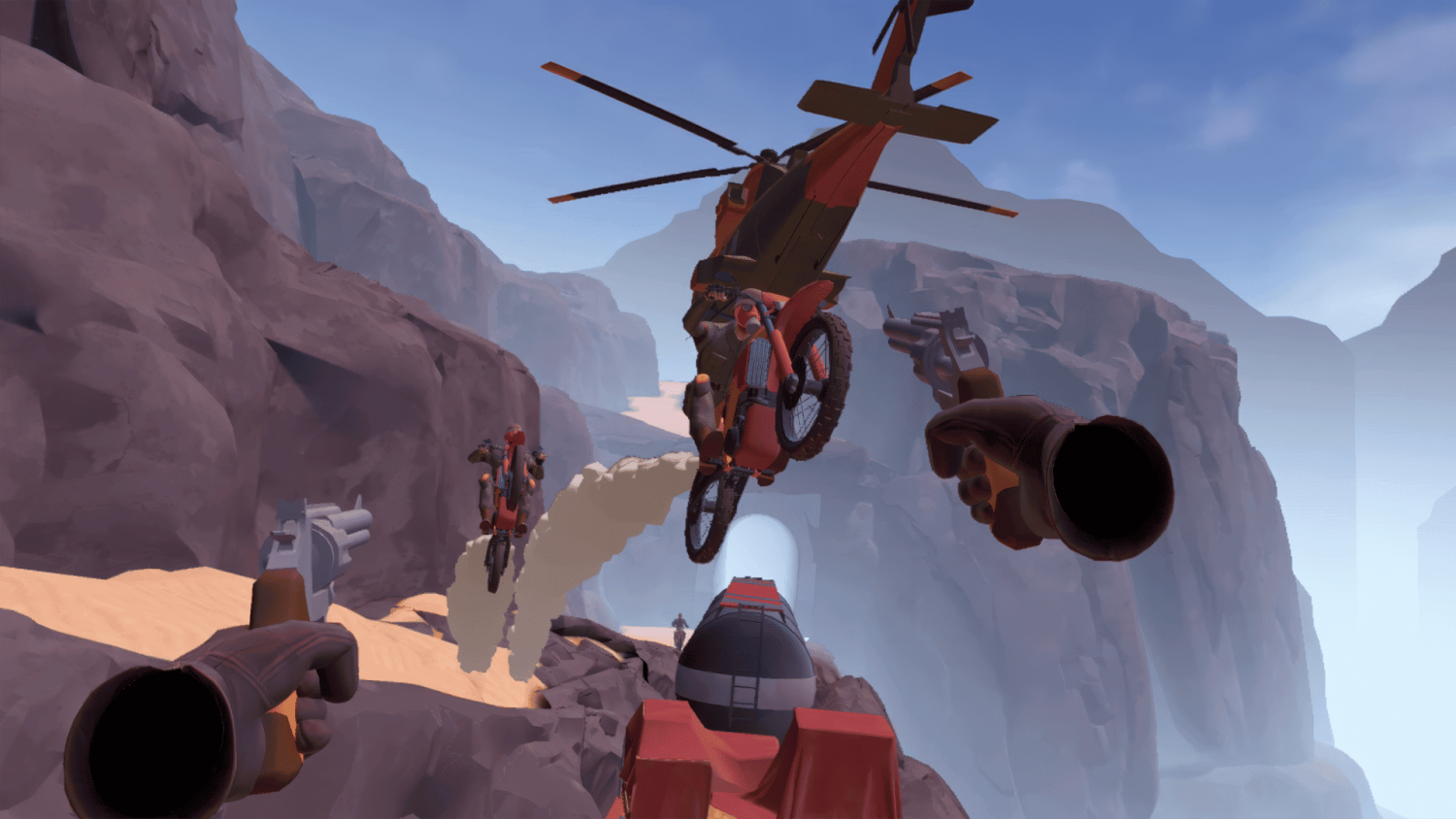 First-person view of two motorcyclists jumping near a red helicopter in a rocky canyon with guns aimed