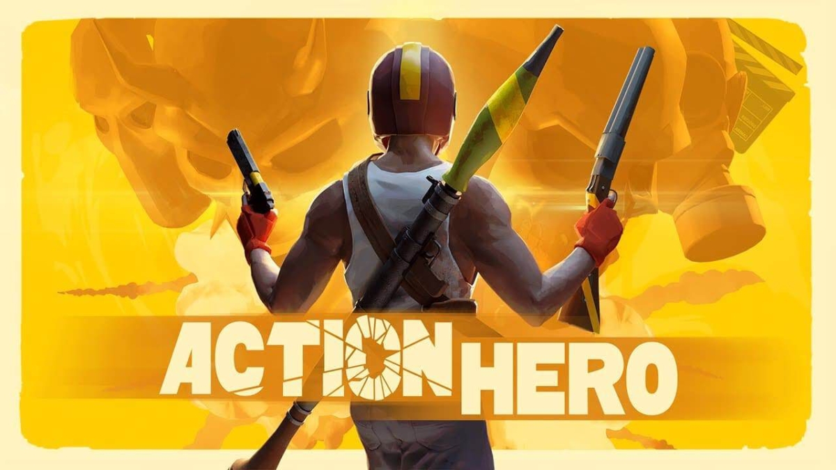 Back view of muscular figure holding two guns and a rocket launcher with bright yellow background and game title Action Hero