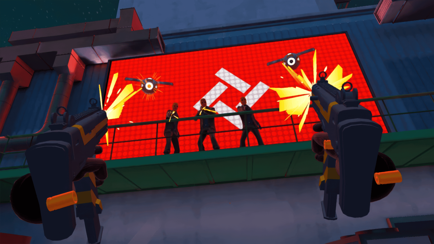 First-person perspective firing two machine guns at three armed enemies on a balcony with a red glowing background