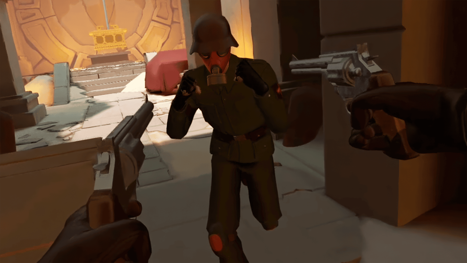 Player holding dual revolvers aiming at a crouching enemy soldier wearing helmet in dimly lit temple room