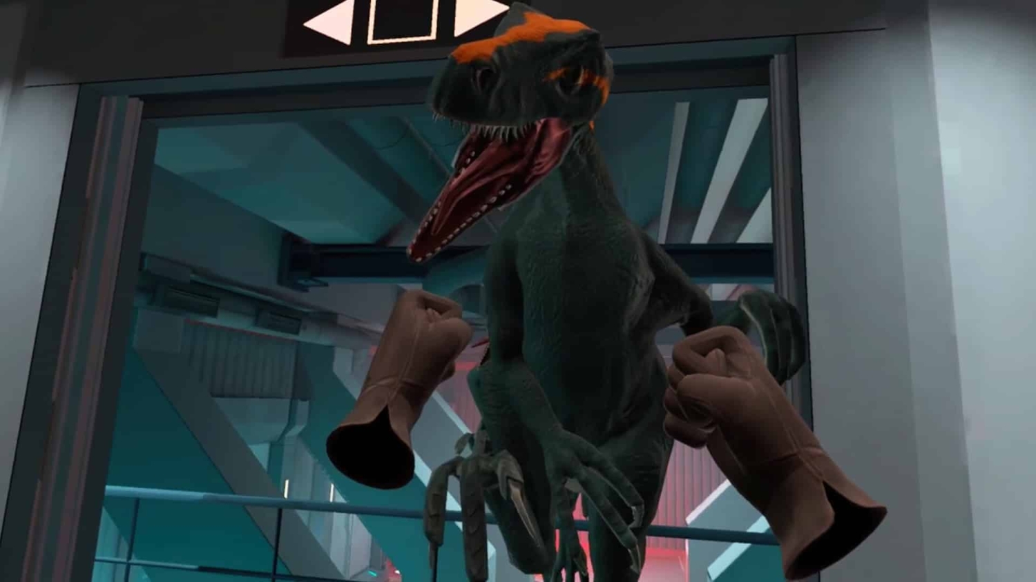 Virtual reality player with gloved fists facing a large dinosaur in an industrial setting