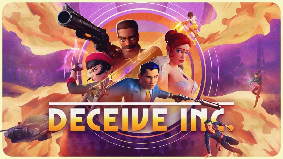 Stylised characters from Deceive Inc with guns in action poses on a fiery purple and orange background