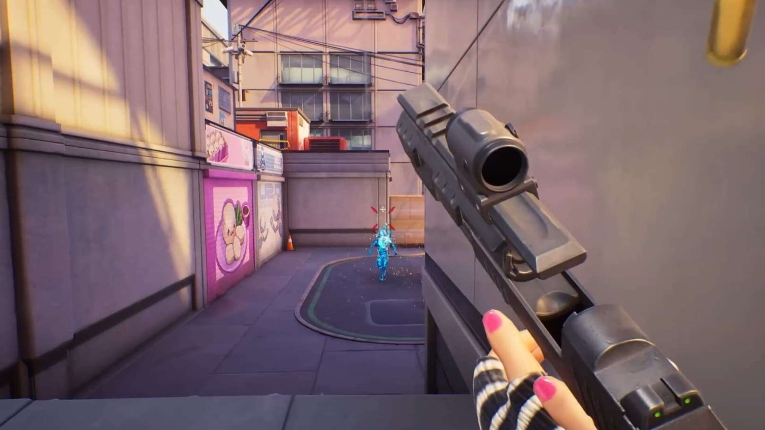 First-person view aiming a sniper rifle at a glowing enemy in a narrow urban alley