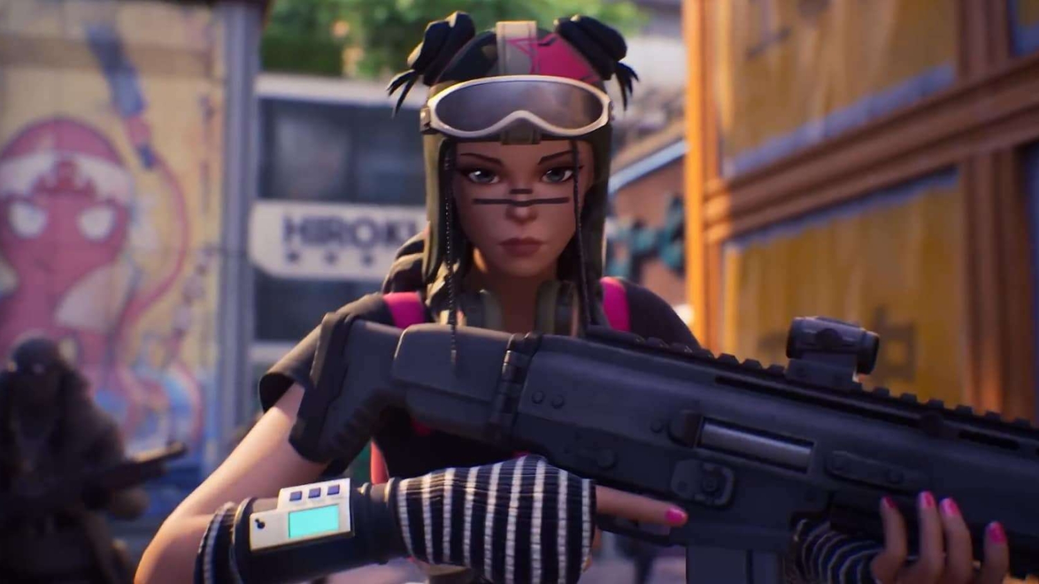 Female character with tactical gear holding rifle in urban environment with graffiti in background