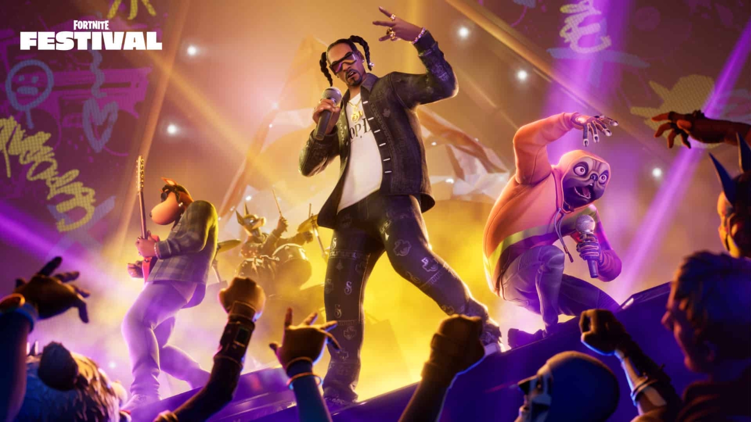 Animated characters performing on a virtual stage with colourful purple and yellow lighting and energetic crowd