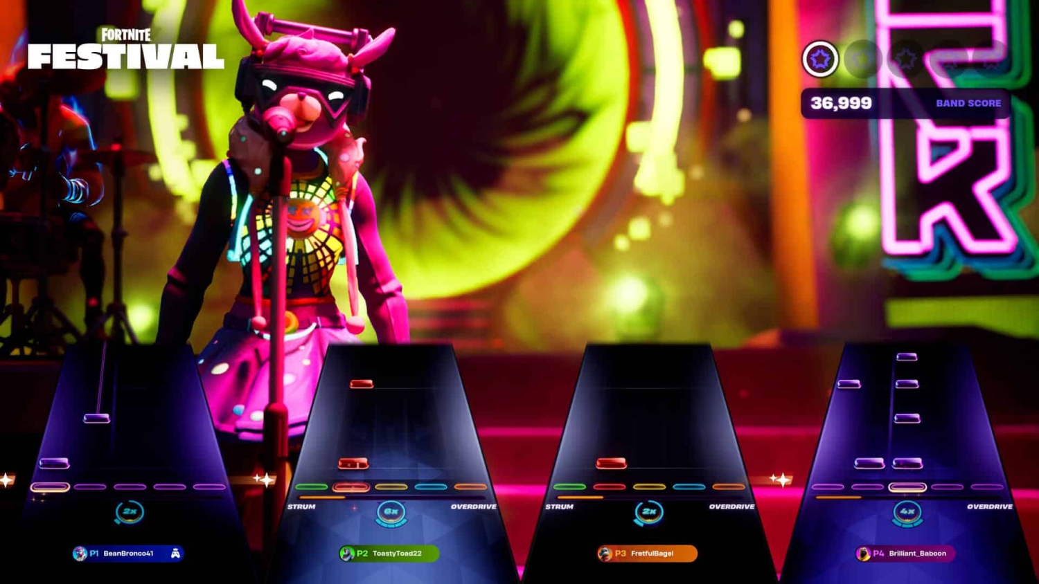 Colourful character singing on stage with four-player rhythm game lanes and scores in Fortnite Festival