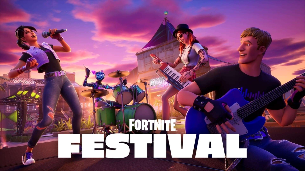 Animated characters performing music at sunset with singer, drummer, keyboardist, and guitarist on stage