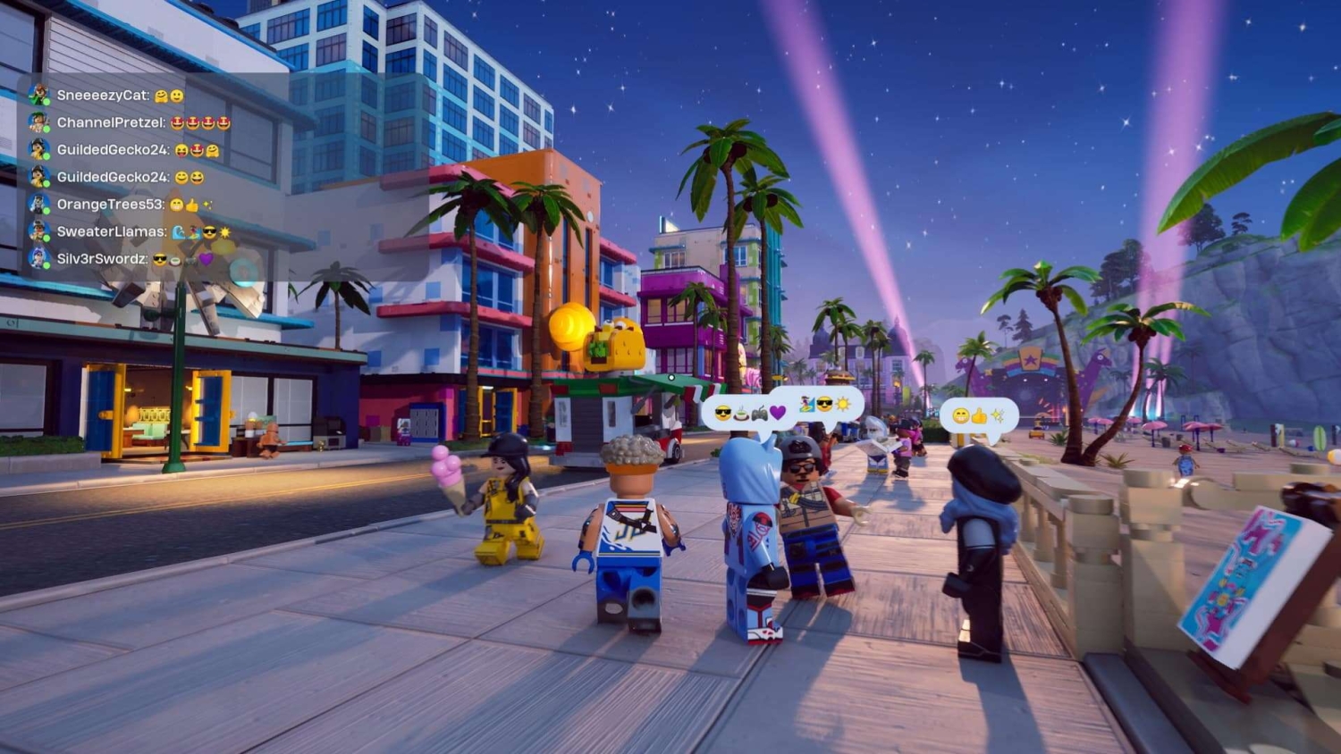 LEGO-style figures socialising on a vibrant city boardwalk at night with palm trees and neon lights