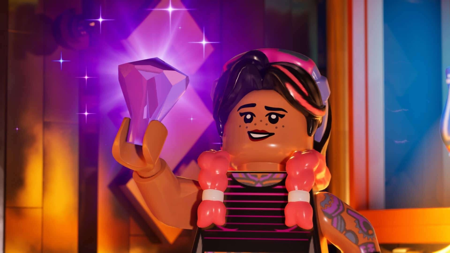 LEGO figure with pink hair and tattoos holding a glowing purple gem in a warmly lit interior