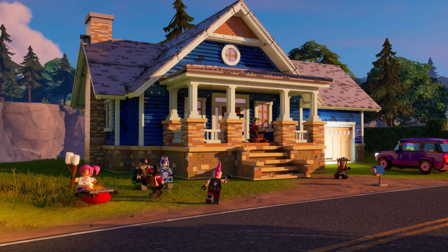 LEGO-style figures gathered outside a blue brick house with a porch and a pink-purple car on the driveway