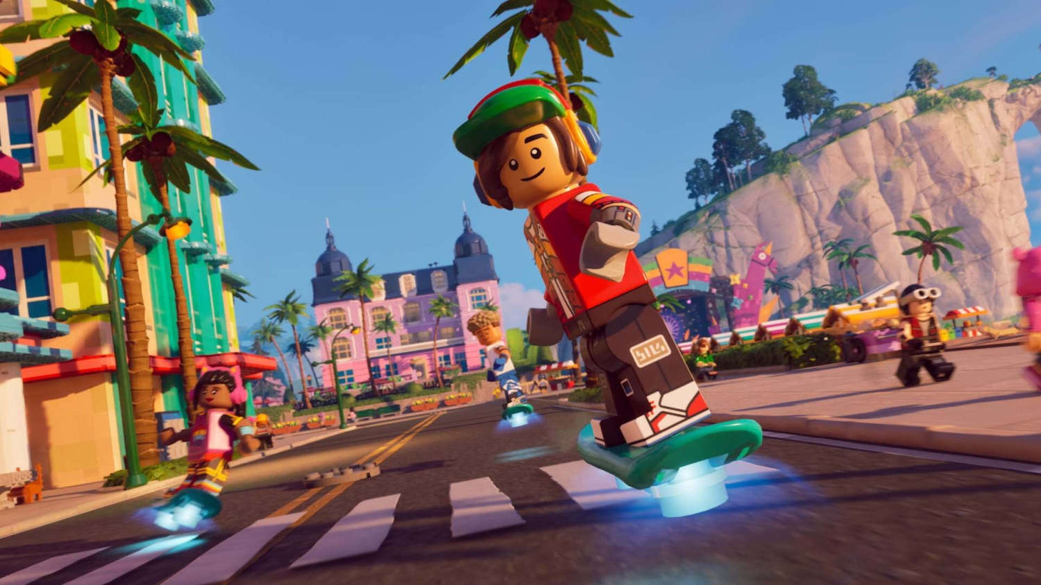 LEGO-style figures hoverboarding on a sunny urban street lined with colourful buildings and palm trees