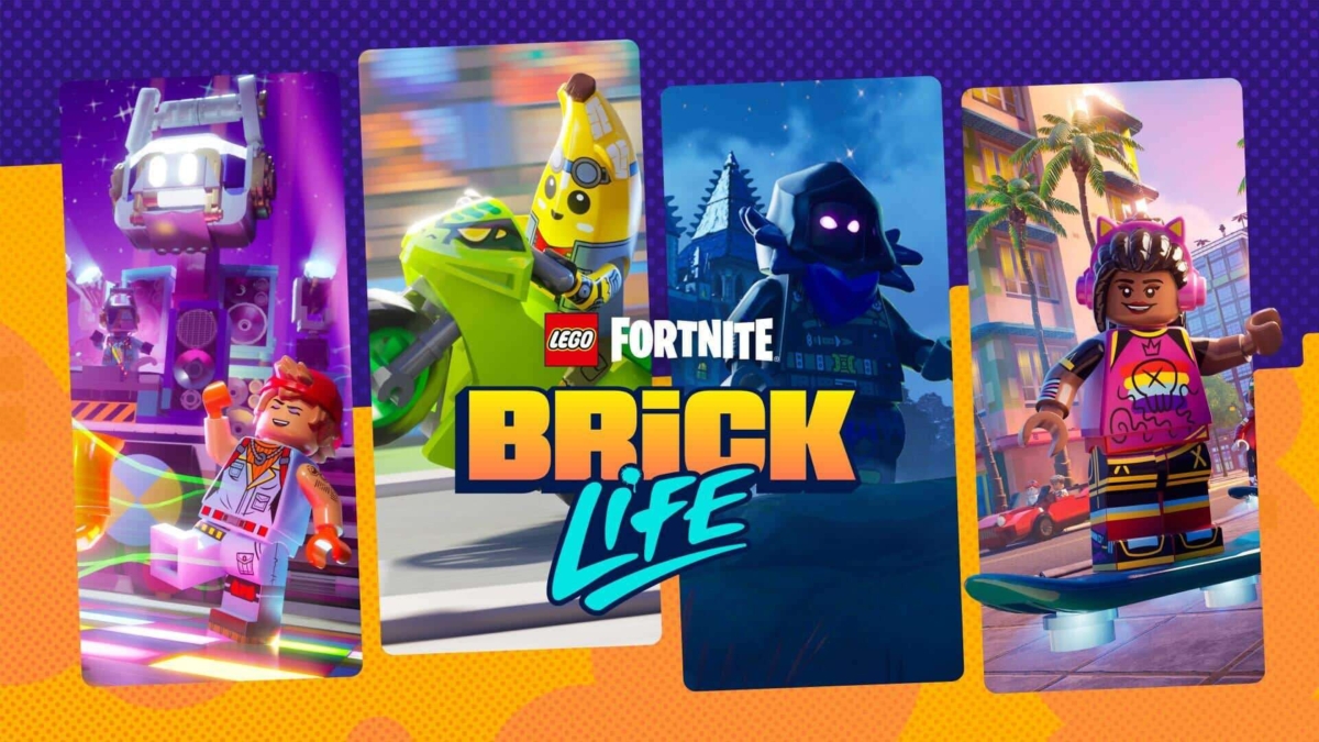 Four distinct Lego characters from Fortnite Brick Life game in various action poses against vibrant backgrounds