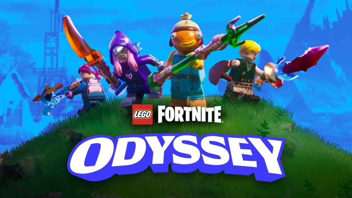 Four colourful LEGO Fortnite characters wielding weapons on a grassy hill under a blue sky