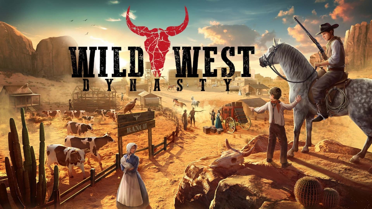Western ranch scene with cowboy on horse, cattle, settlers, and wooden buildings under sunset sky