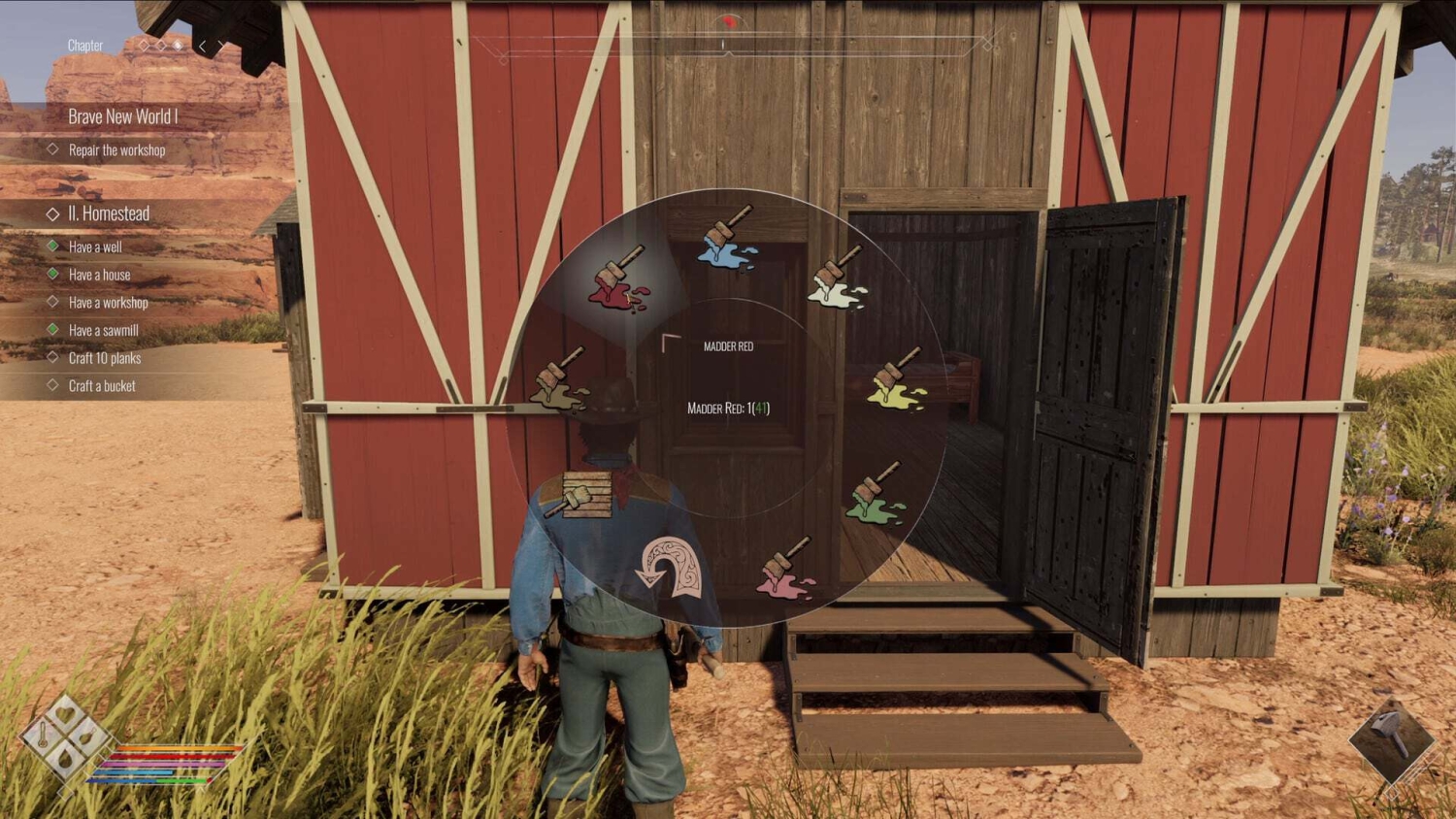 Player character selecting a paint colour wheel to repaint a red barn exterior in a farming simulation game