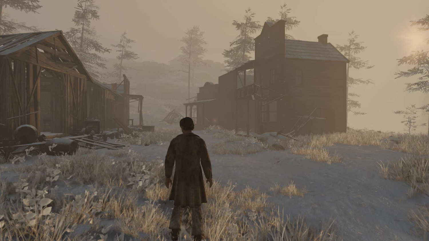 Man in a dark coat walking through a deserted snowy Wild West town with wooden buildings at sunset