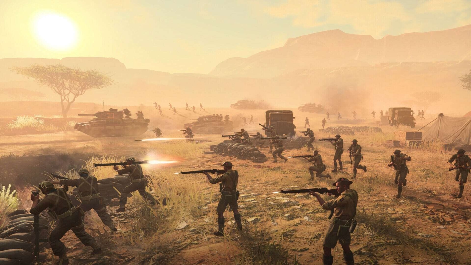 Soldiers firing rifles behind sandbags and advancing in desert with tanks and supply trucks under bright sky