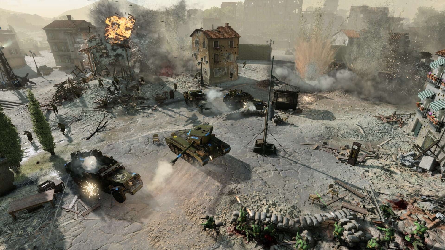 Tanks and soldiers engage in a fierce battle with explosions in a bombed-out town square during World War II