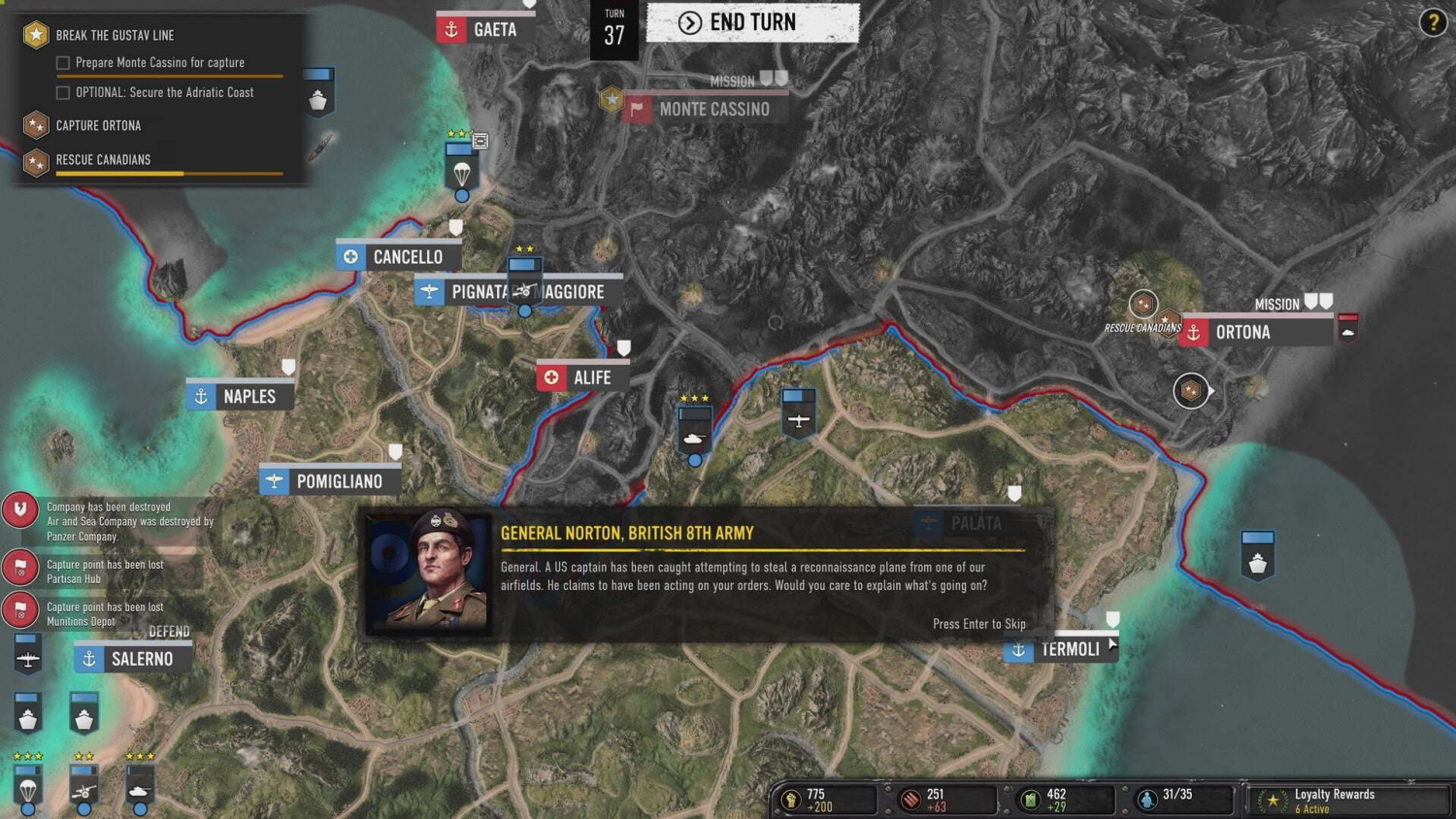 Strategic map view of Italian locations including Monte Cassino, Ortona, and Naples with military mission objectives in Company of Heroes 3