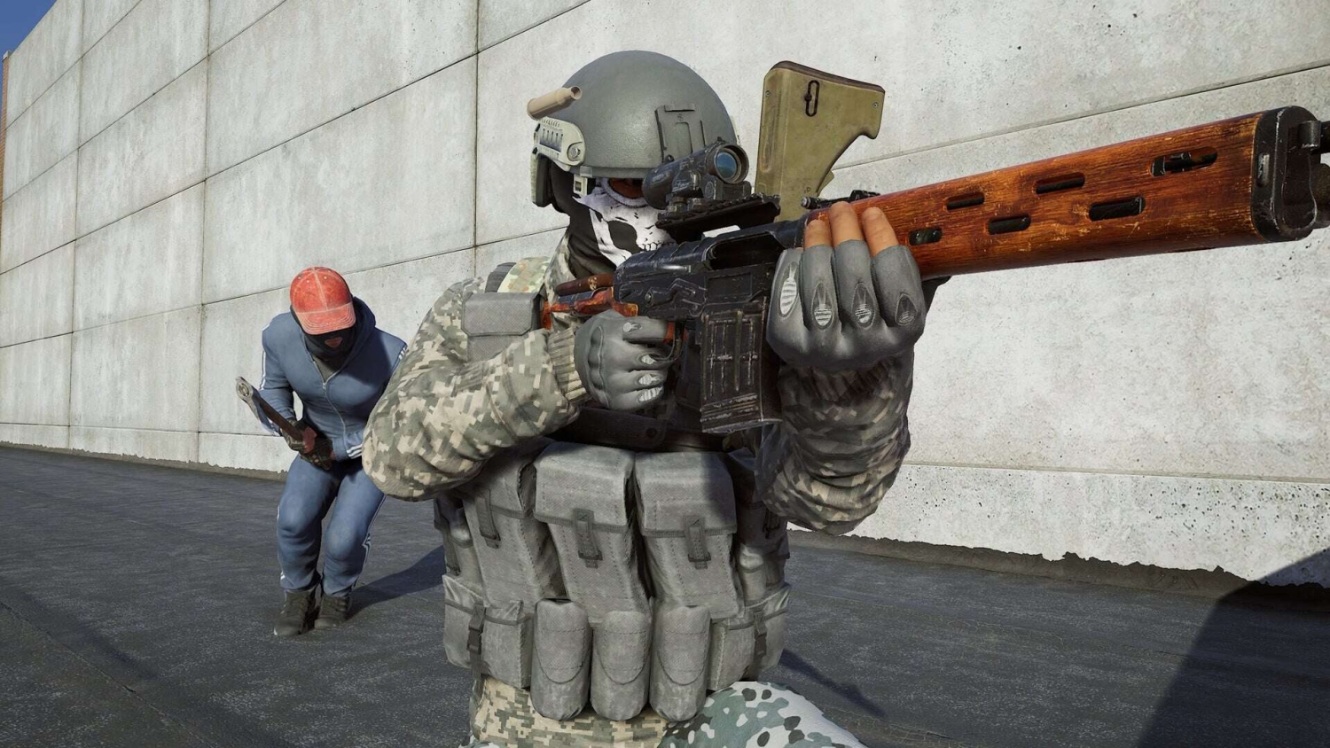 Two armed characters in tactical gear aiming weapons while positioned beside a concrete wall outdoors