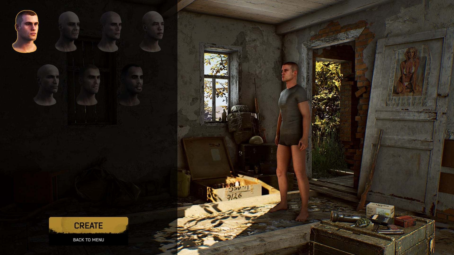 Male character standing in a dilapidated room with seven head options displayed for selection