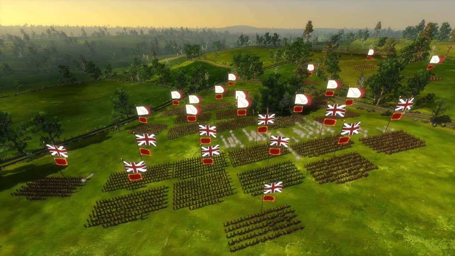 Multiple British infantry units arranged in large rectangular formations on green fields with flags