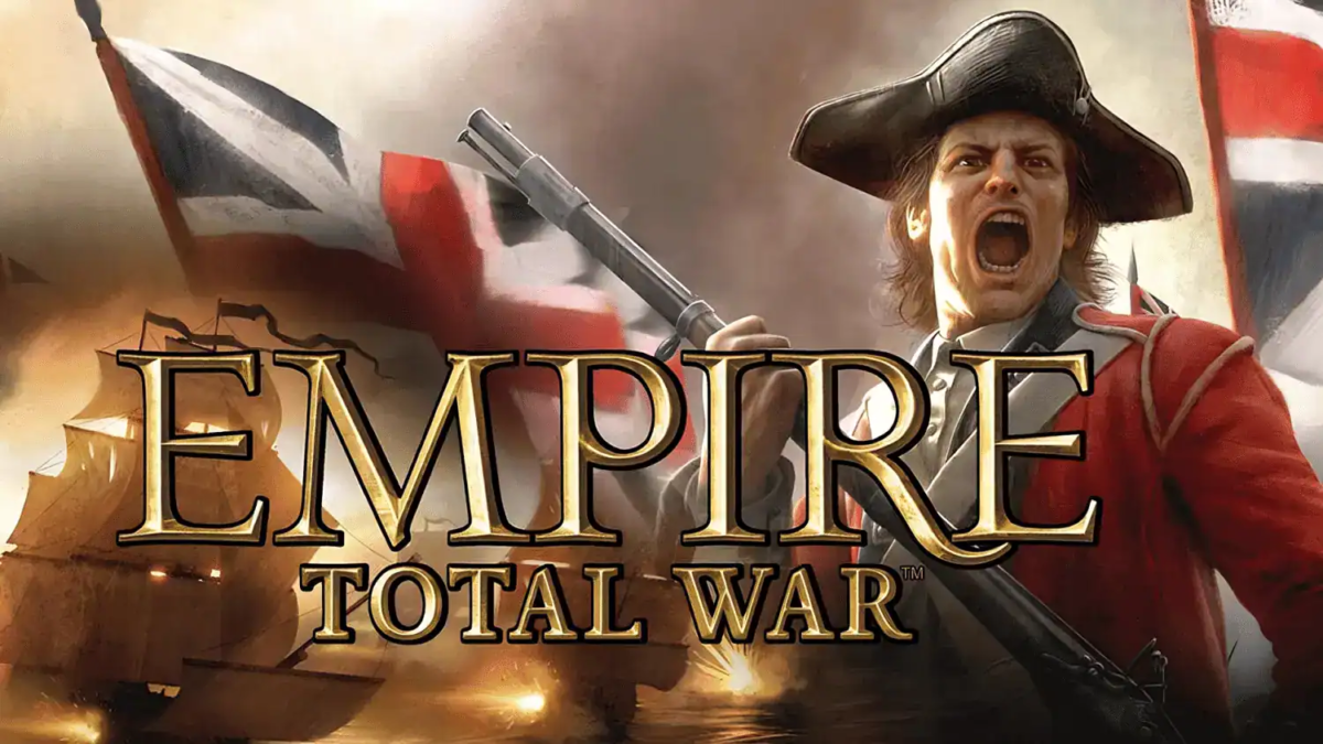 Soldier in red uniform shouting and holding musket with British flags and naval ships in the background