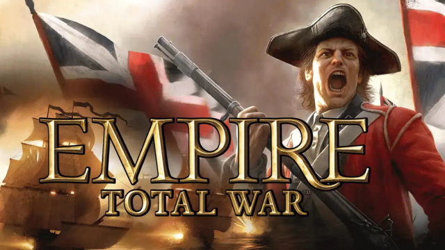 Soldier in red uniform shouting and holding musket with British flags and naval ships in the background