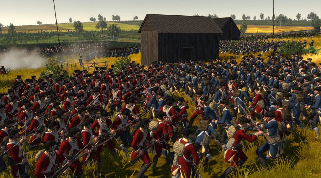Red-coated soldiers clashing with blue-uniformed troops armed with muskets near a wooden barn in a field