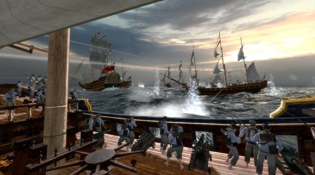 Soldiers firing muskets aboard warships engaged in a naval battle at sea under a cloudy sky