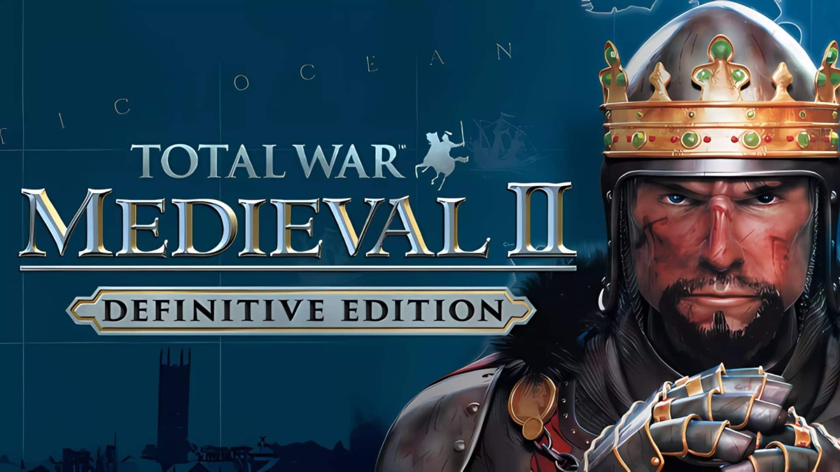 Close-up of a medieval knight with bruised face and a golden crown, game title Total War Medieval II Definitive Edition