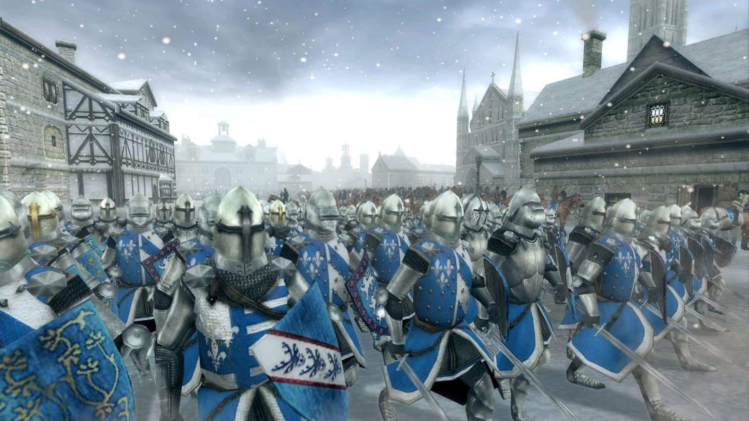 Armoured medieval soldiers wearing blue tabards and helmets march through snowy square with stone buildings and church spires