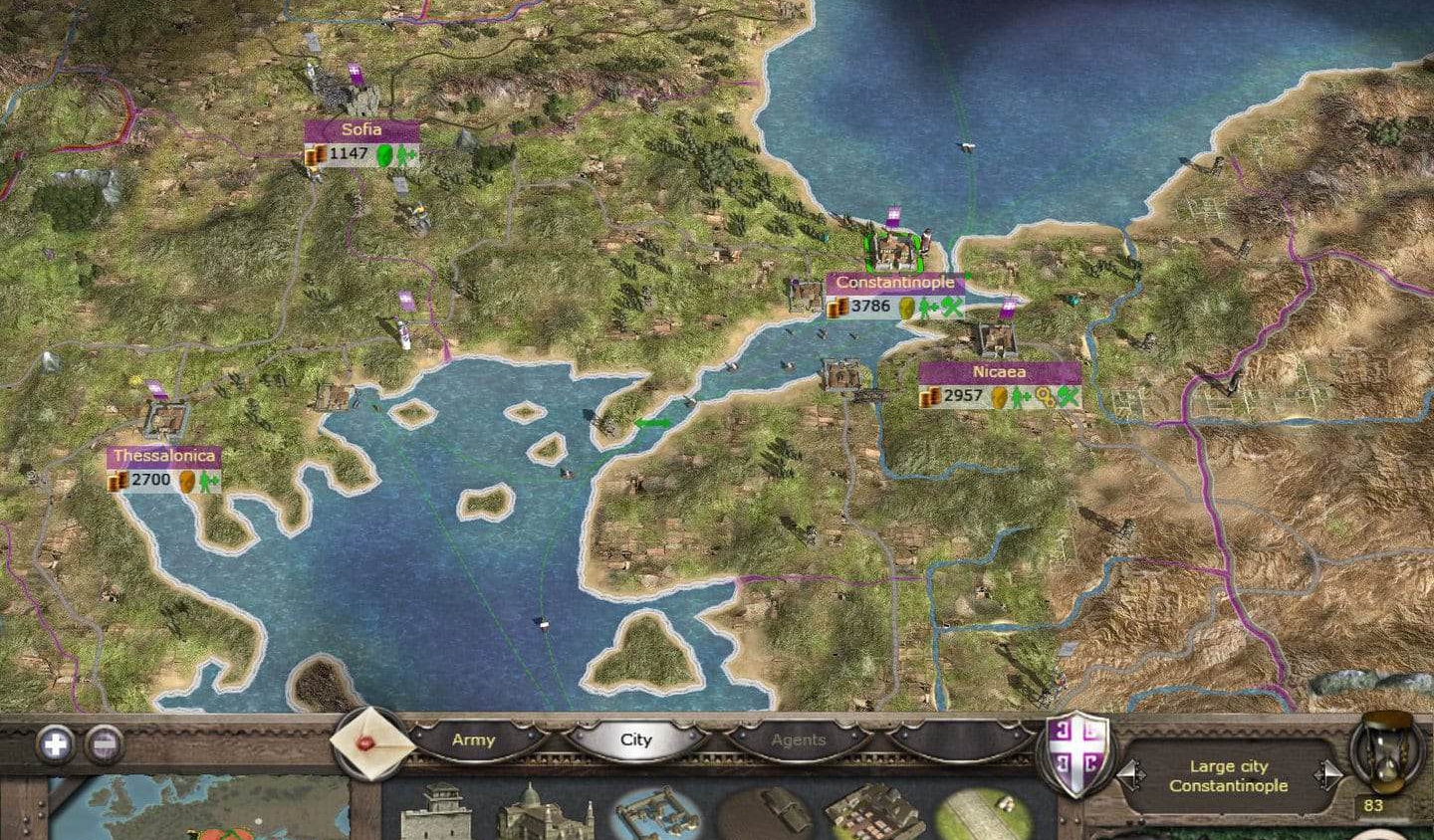 In-game map showing medieval cities and armies near a large bay including Constantinople, Thessalonica, and Sofia