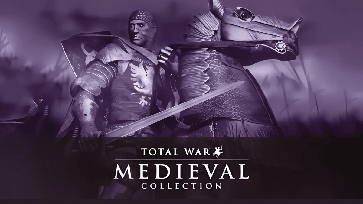 Armoured medieval knight with sword riding a horse, Total War Medieval Collection text below