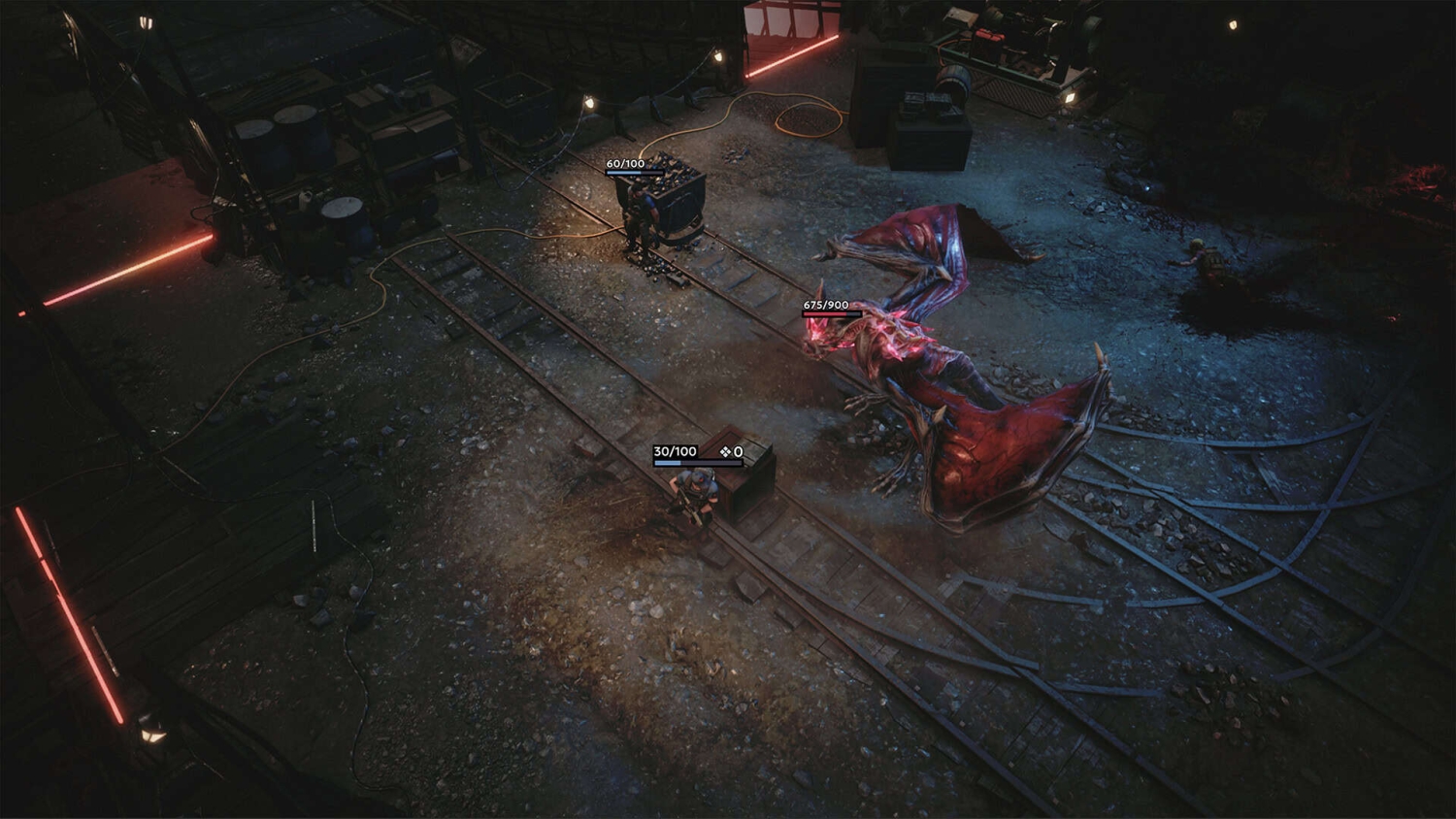 Two armed soldiers fighting a large red winged monster on railway tracks at night with health bars visible