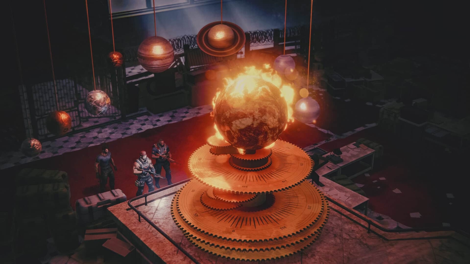 Three armed men in a dark industrial room observing a large fiery globe surrounded by hanging planetary models and large gear mechanisms