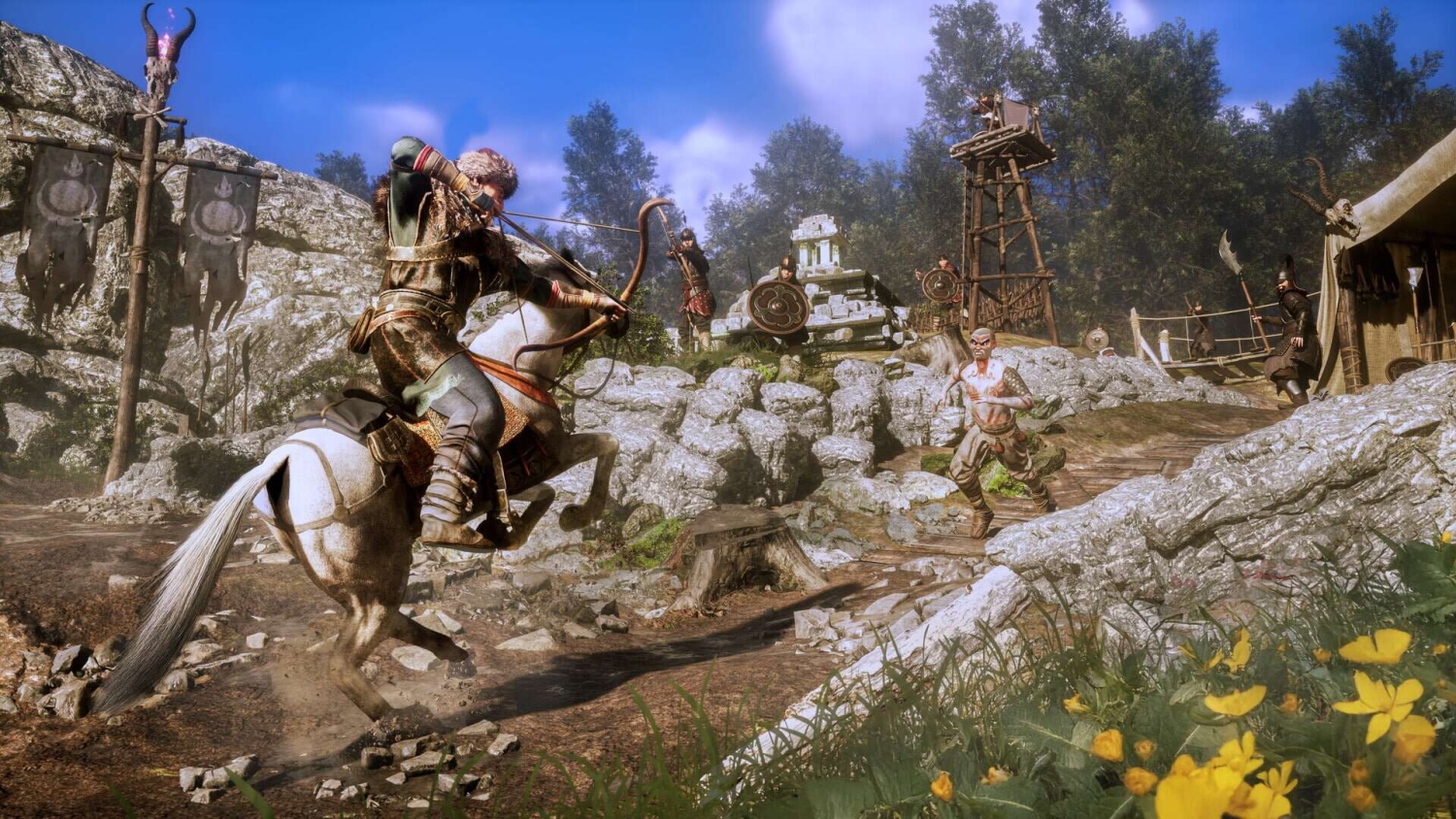 Archer on white horse aiming bow at approaching warriors on rocky path with banners and wooden watchtower