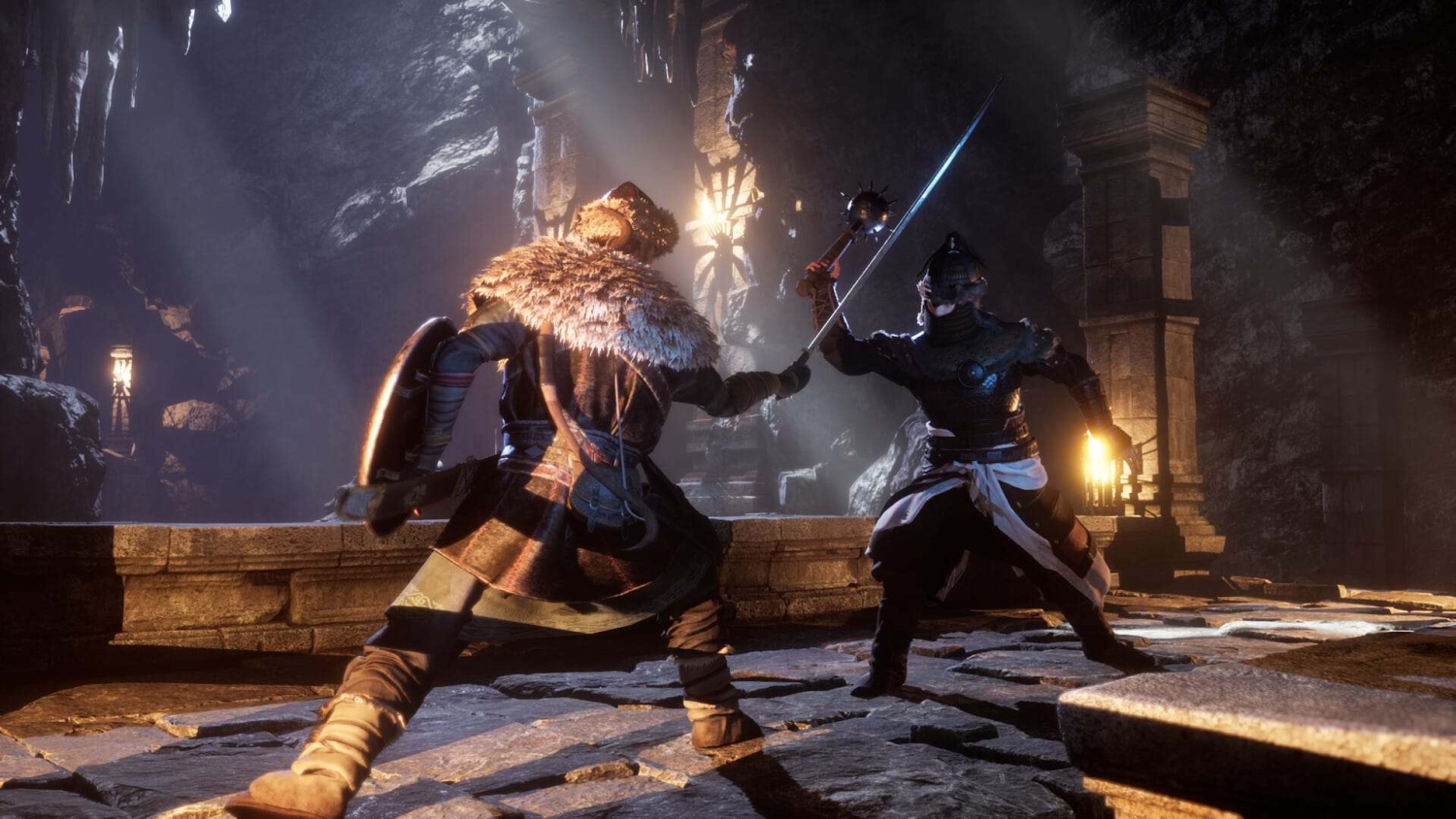 Two warriors clash with sword and mace in a dimly lit ancient stone chamber with torches
