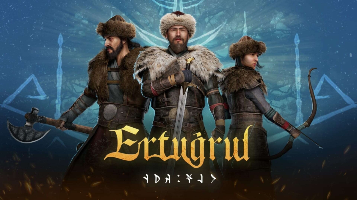 Three medieval characters in fur clothing with weapons standing against a blue background with symbolic markings