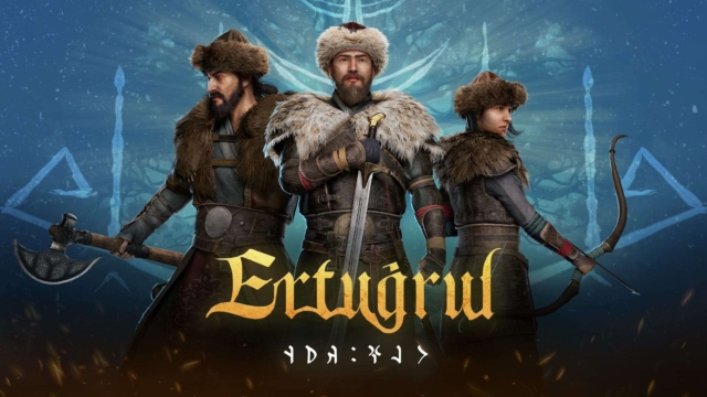 Three medieval characters in fur clothing with weapons standing against a blue background with symbolic markings
