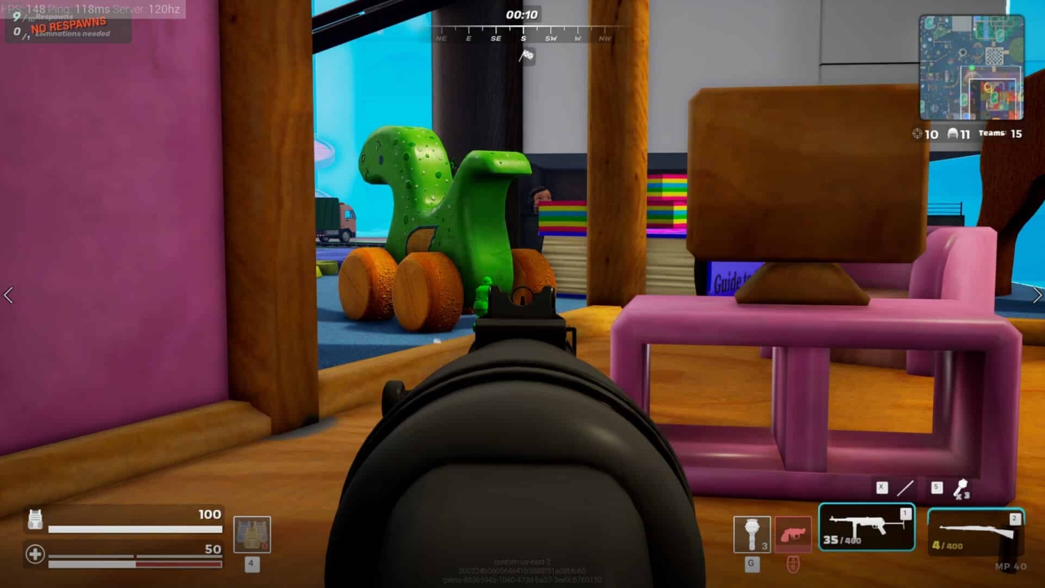 View through a gun sight in a first-person shooter game inside a colourful playroom with a green dinosaur toy on wheels
