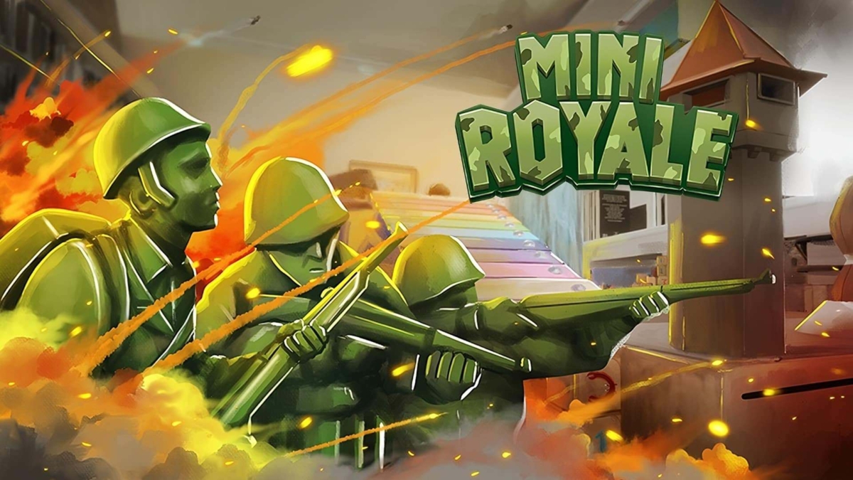 Green plastic soldiers shooting rifles amid fiery explosions with Mini Royale logo