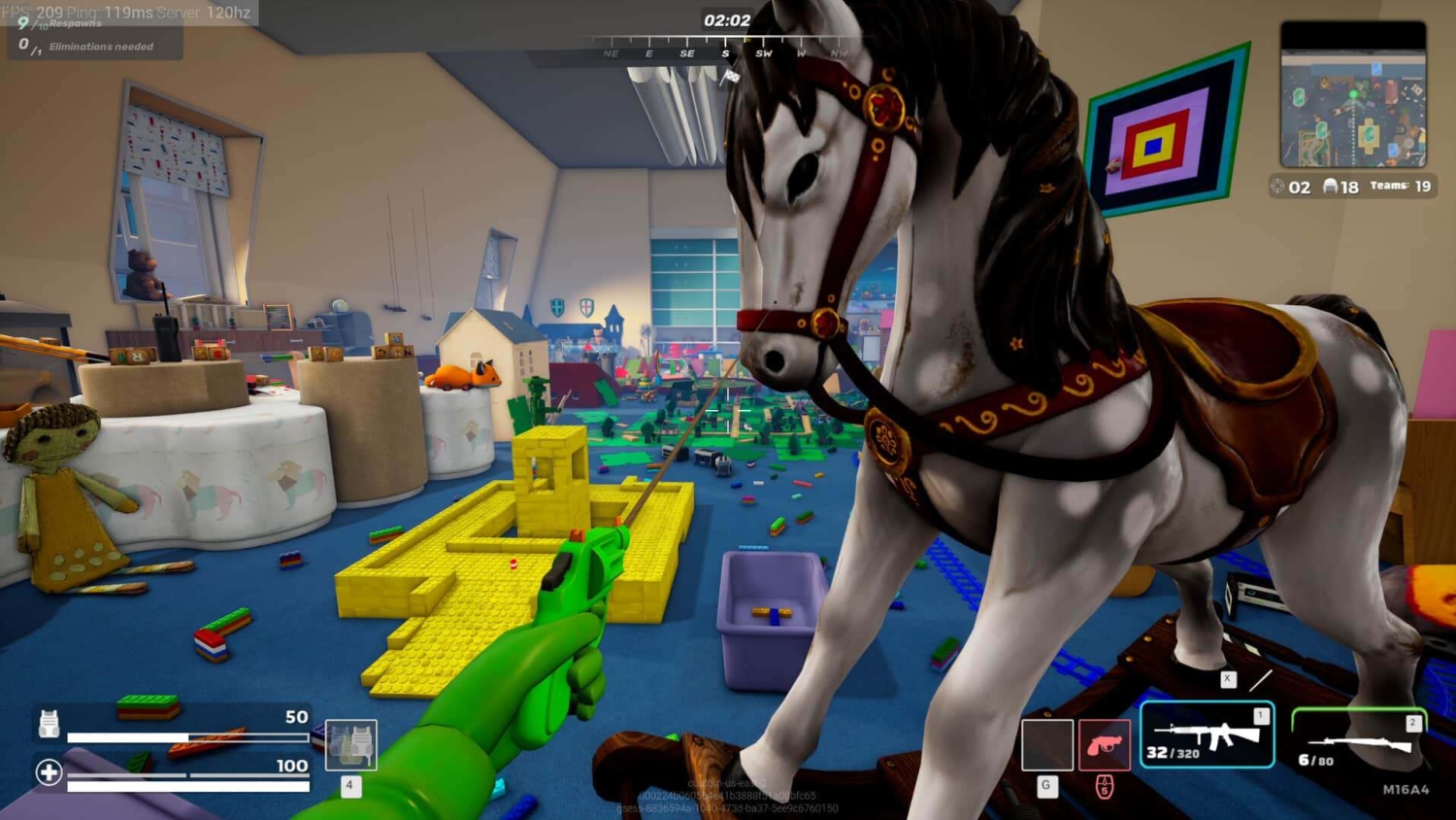 First-person view of a green plastic hand holding a pistol in a colourful room filled with toys, blocks, and a large rocking horse