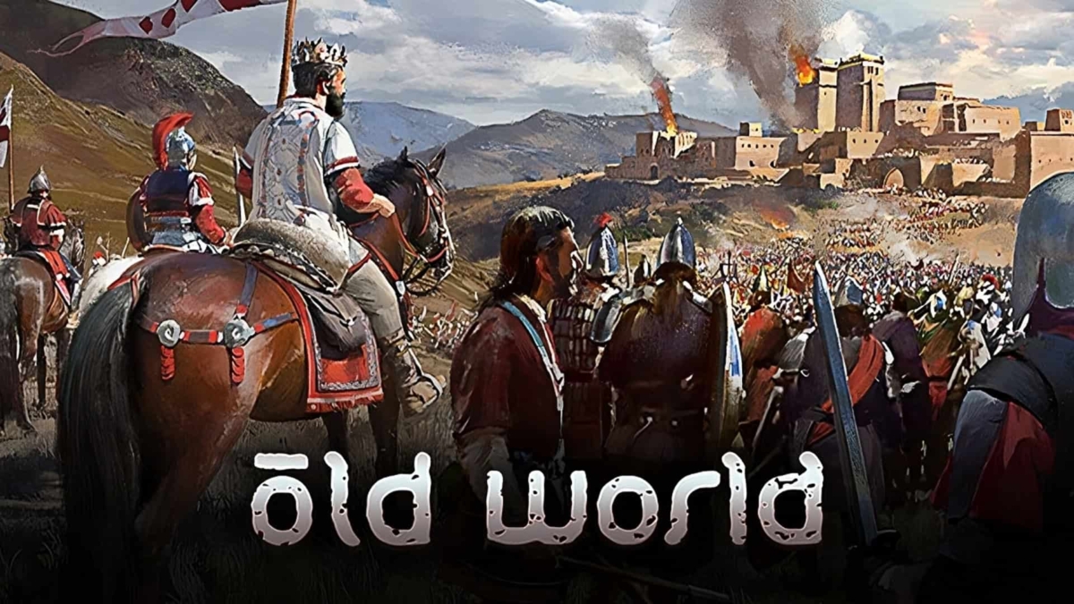 Medieval soldiers and a king on horseback outside a burning castle during a siege